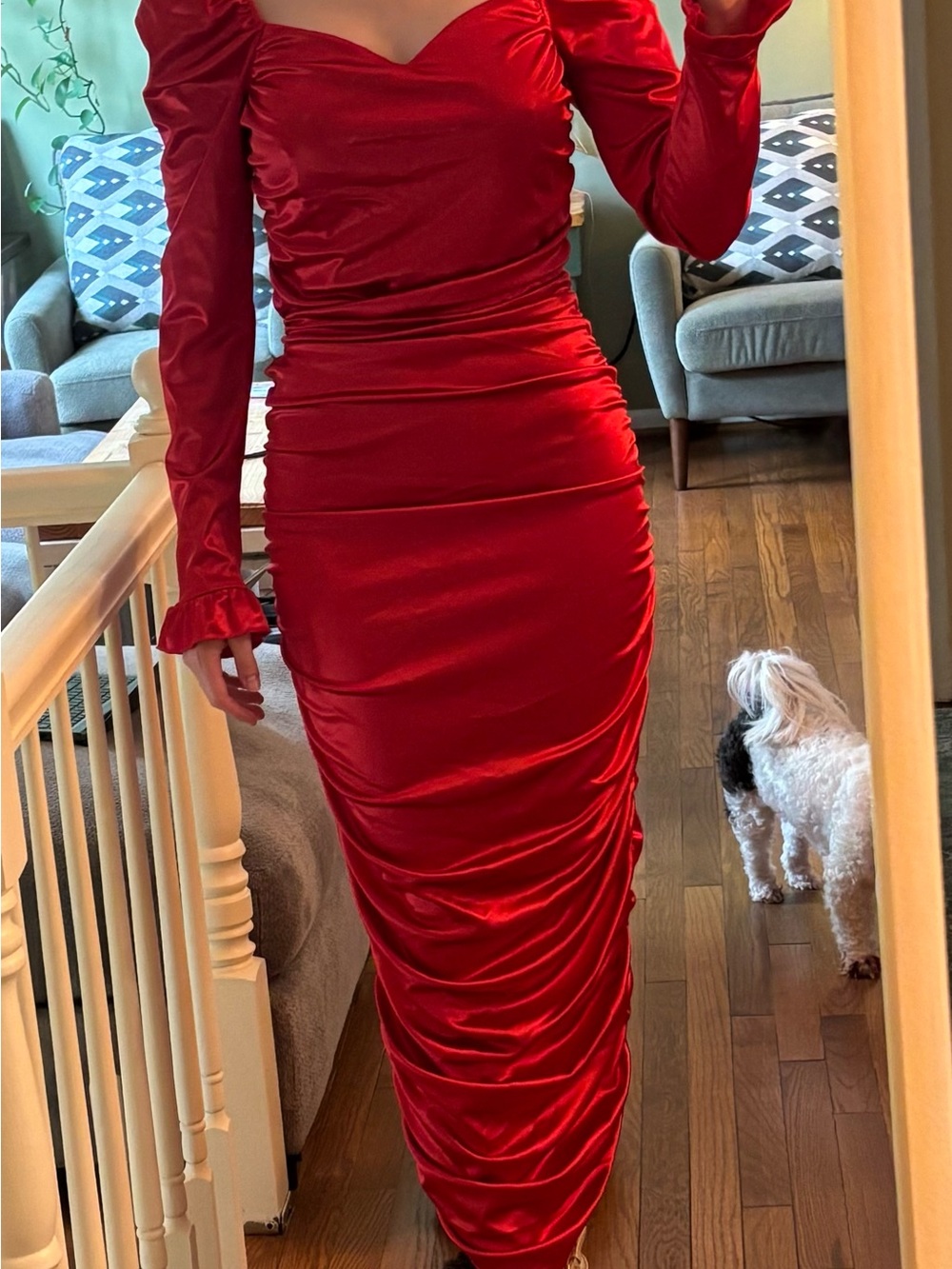 Red Satin Ruched Long Sleeve Dress